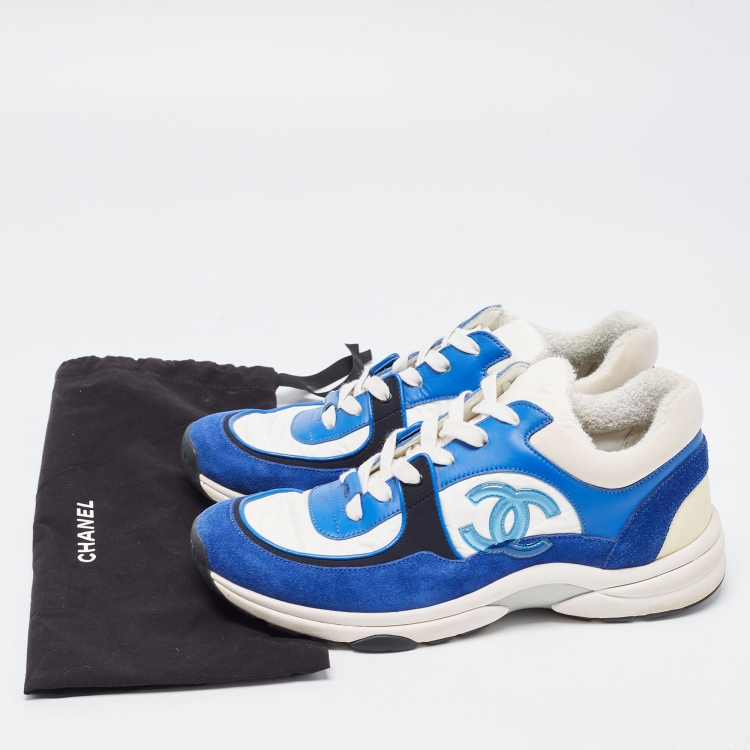 Pre Owned Chanel Blue/White Leather and Nylon CC Low Top Sneakers Size 39.5 