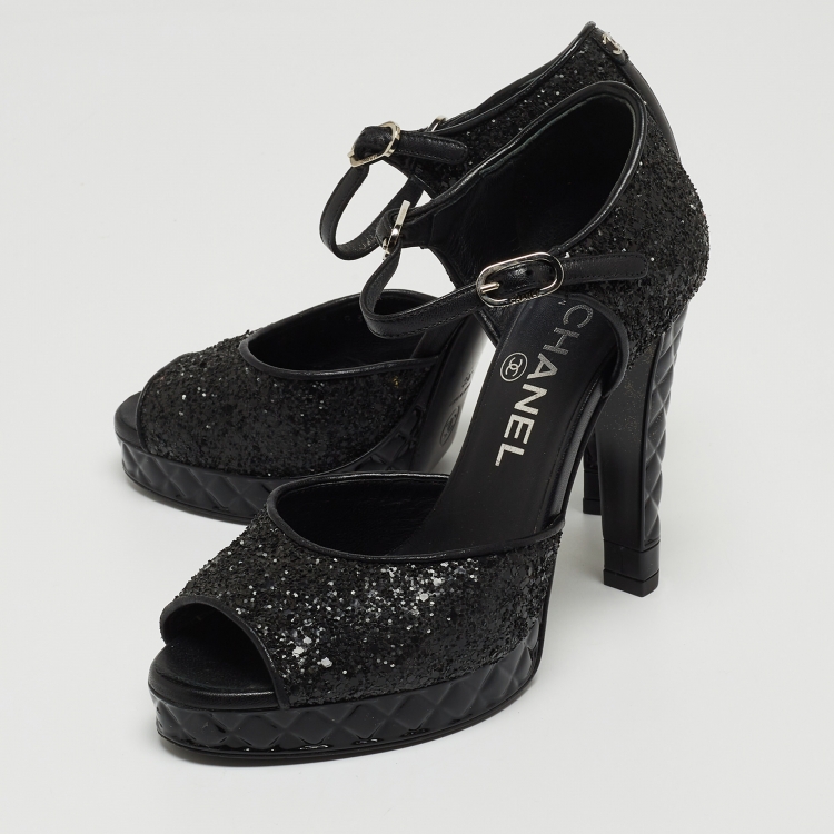 Black and Silver Glitter Chunky Heels Ankle Strap Platform Pumps