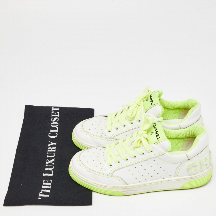 Pre Owned Chanel White/Neon Green Leather Logo Sneakers Size 38
