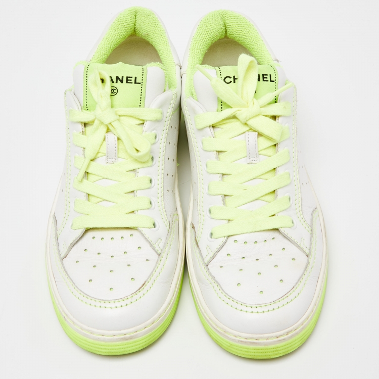 Pre Owned Chanel White/Neon Green Leather Logo Sneakers Size 38