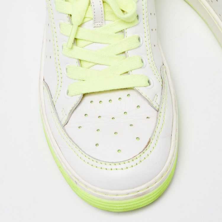 Pre Owned Chanel White/Neon Green Leather Logo Sneakers Size 38