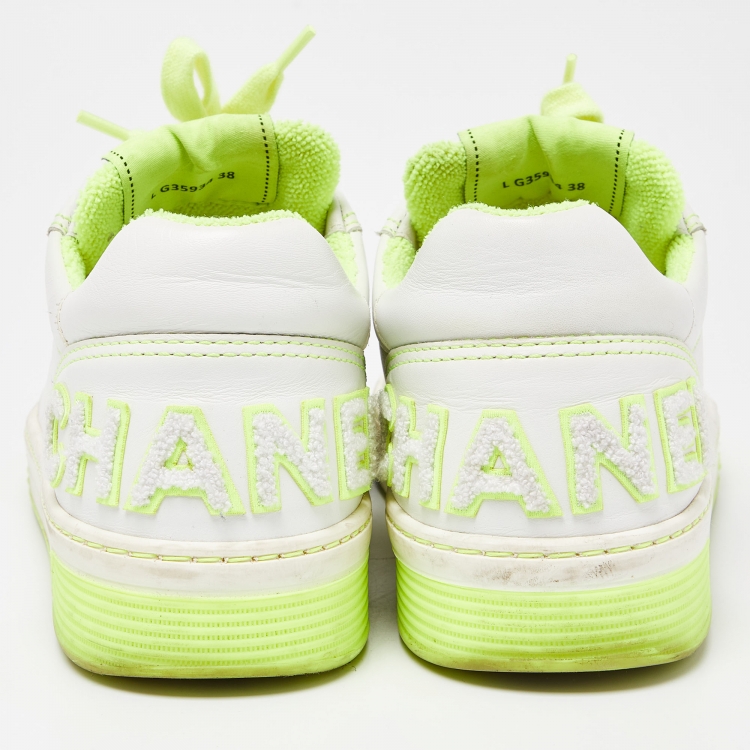 Pre Owned Chanel White/Neon Green Leather Logo Sneakers Size 38