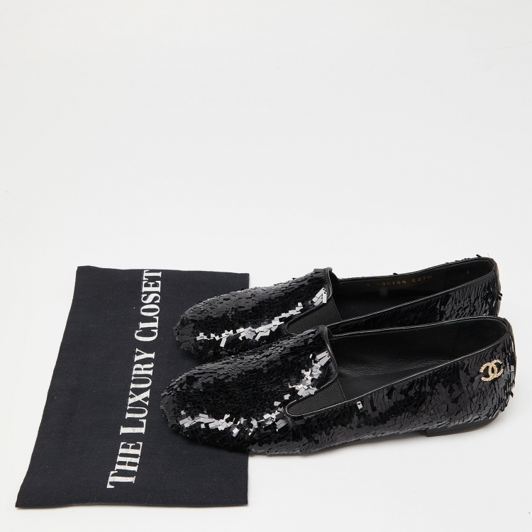 Pre Owned Chanel Black Sequin CC Smoking Slippers Size 37.5