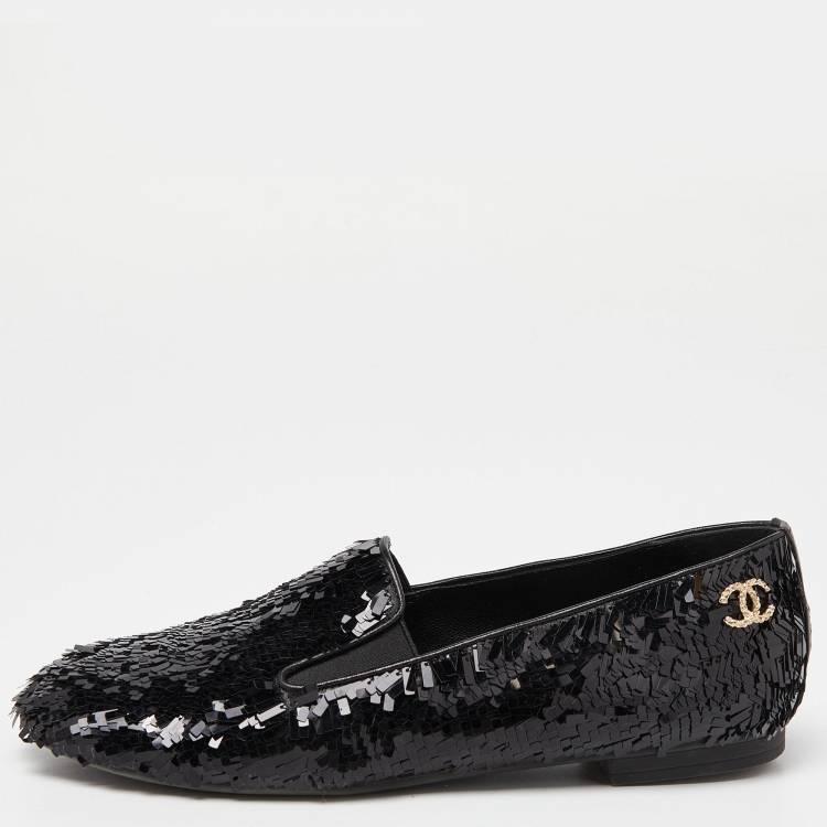 Pre Owned Chanel Black Sequin CC Smoking Slippers Size 37.5