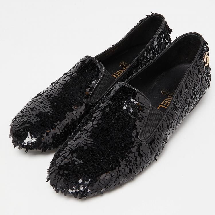 Pre Owned Chanel Black Sequin CC Smoking Slippers Size 37.5