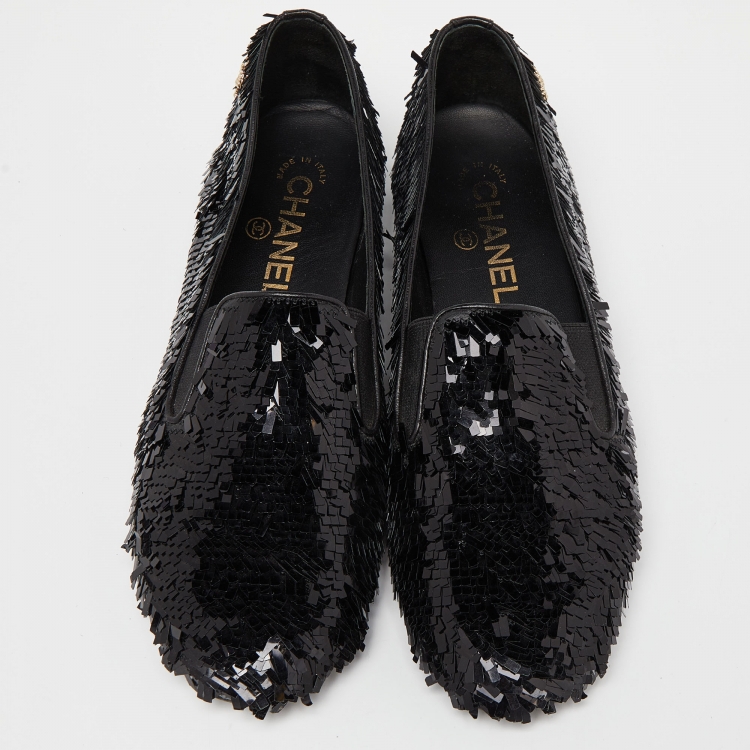 Pre Owned Chanel Black Sequin CC Smoking Slippers Size 37.5