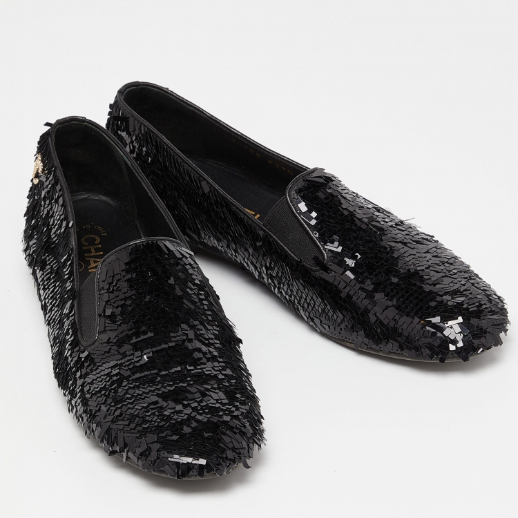 Pre Owned Chanel Black Sequin CC Smoking Slippers Size 37.5