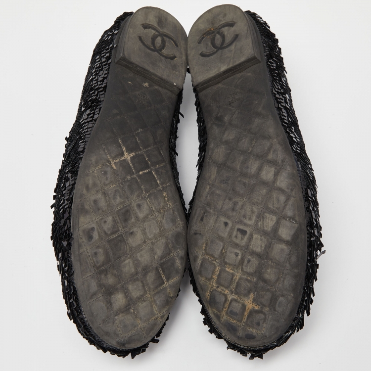 Pre Owned Chanel Black Sequin CC Smoking Slippers Size 37.5
