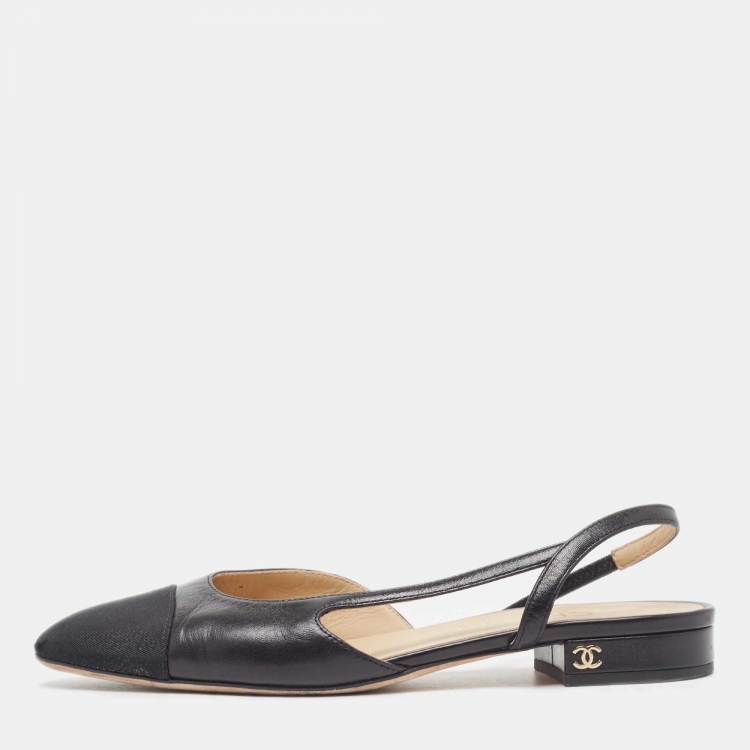 Chanel Black Leather and Fabric Cap Toe CC Slingback Flats Size 37 Chanel |  The Luxury Closet