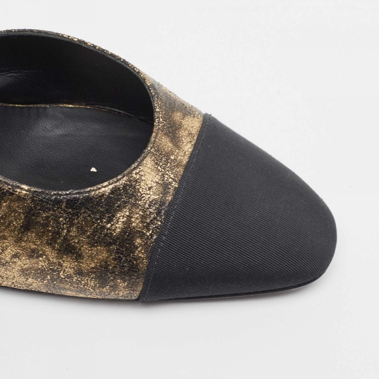 Pre Owned Chanel Black/Gold Leather CC Cap Toe Slingback Pumps Size 38