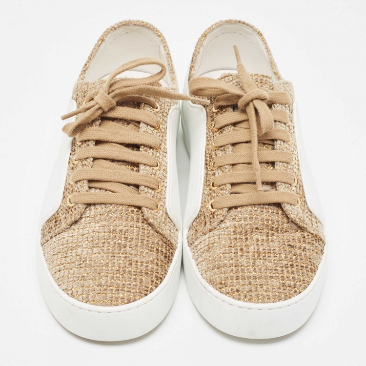 Pre Owned Chanel Gold/White Tweed and Rubber CC Low Top Sneakers Size 38