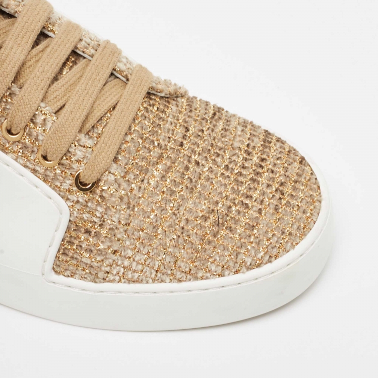 Pre Owned Chanel Gold/White Tweed and Rubber CC Low Top Sneakers Size 38