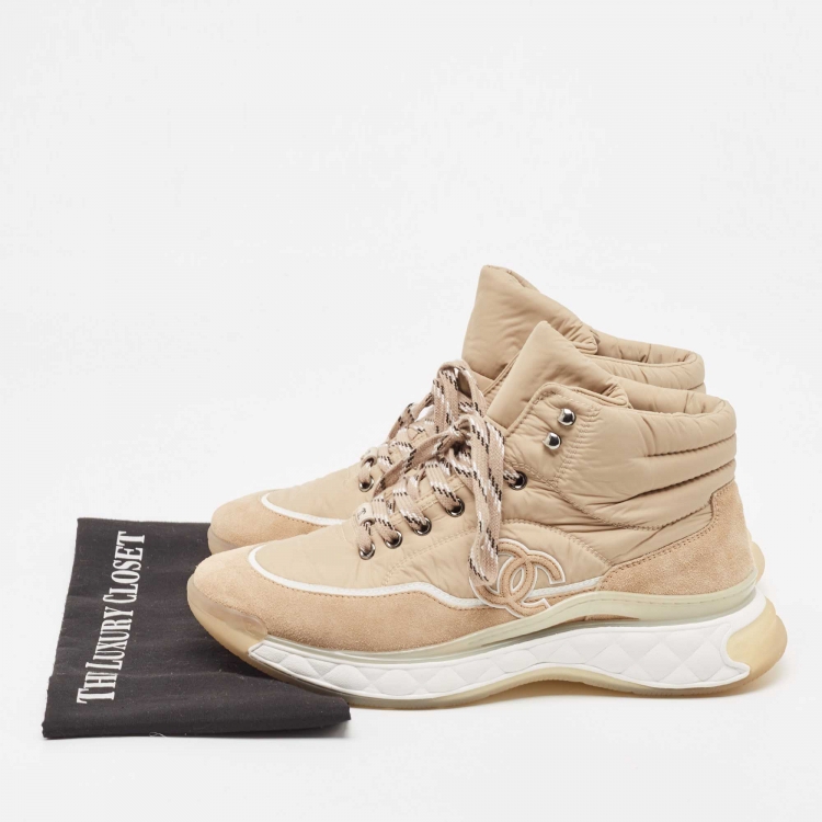 Pre Owned Chanel Beige Suede and Fabric CC High Top Sneakers Size 42