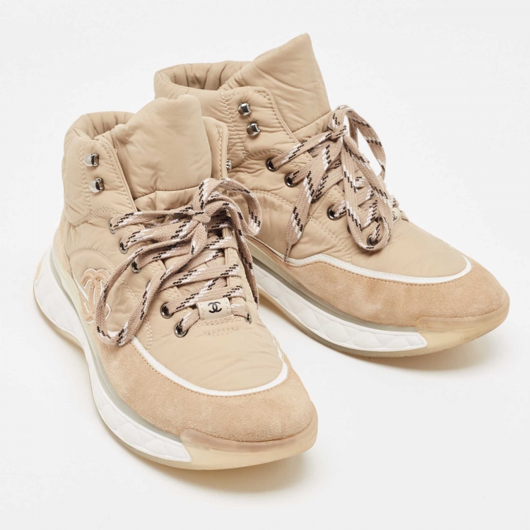 Pre Owned Chanel Beige Suede and Fabric CC High Top Sneakers Size 42
