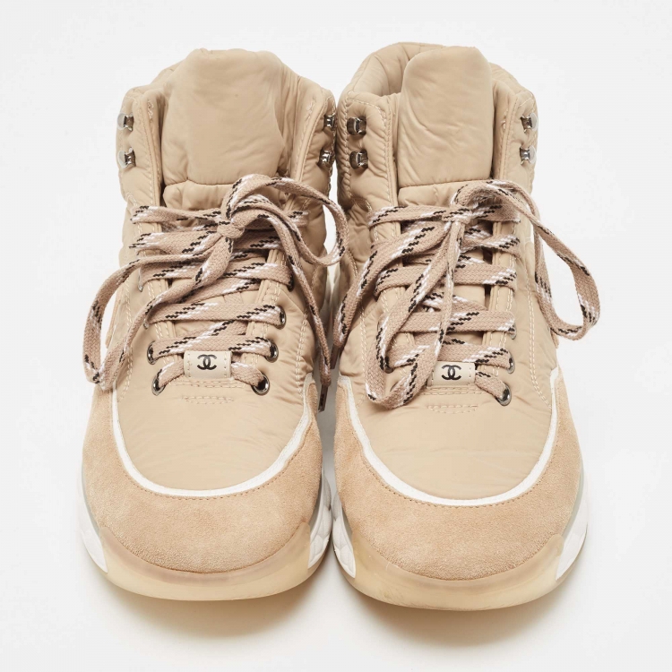 Pre Owned Chanel Beige Suede and Fabric CC High Top Sneakers Size 42
