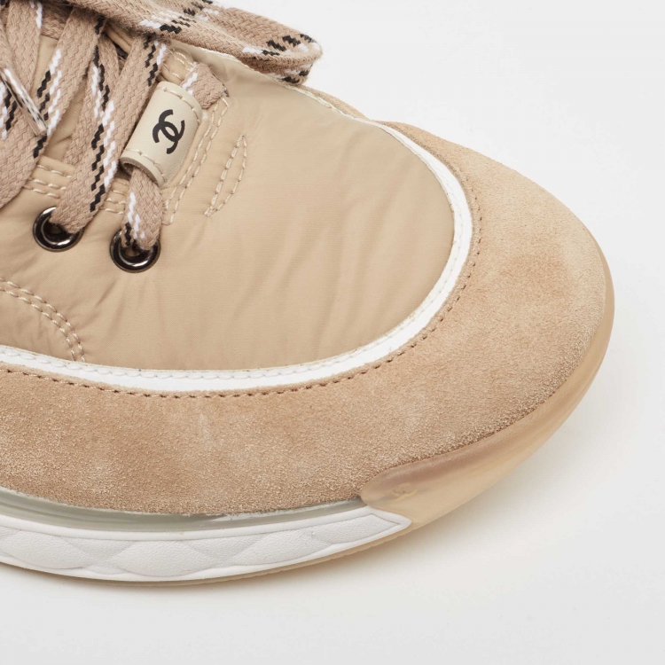 Pre Owned Chanel Beige Suede and Fabric CC High Top Sneakers Size 42