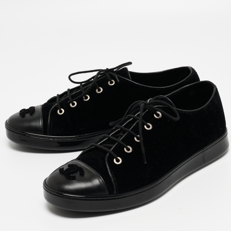 Pre Owned Chanel Black Velvet and Leather CC Low Top Sneakers Size 41