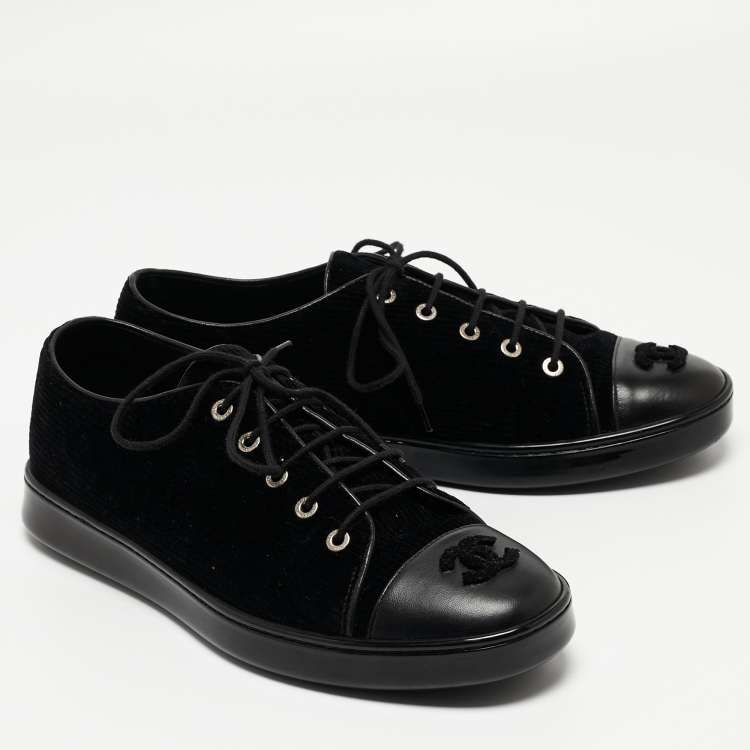 Pre Owned Chanel Black Velvet and Leather CC Low Top Sneakers Size 41