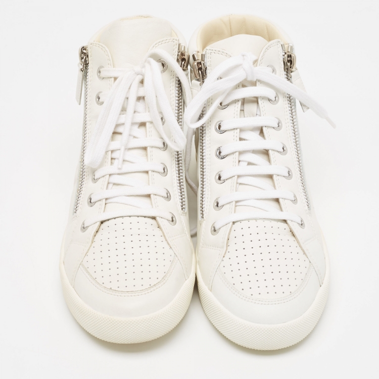 Pre Owned Chanel White Leather CC High Top Sneakers Size 37.5