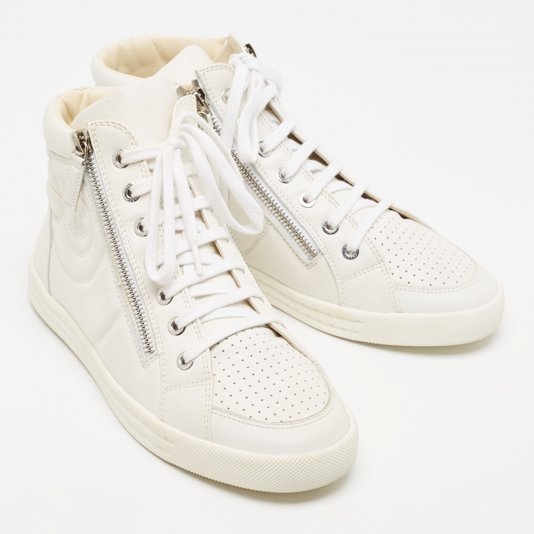 Pre Owned Chanel White Leather CC High Top Sneakers Size 37.5