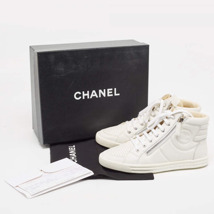 Pre Owned Chanel White Leather CC High Top Sneakers Size 37.5