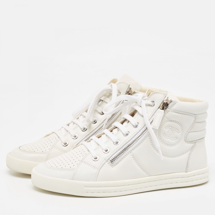 Pre Owned Chanel White Leather CC High Top Sneakers Size 37.5