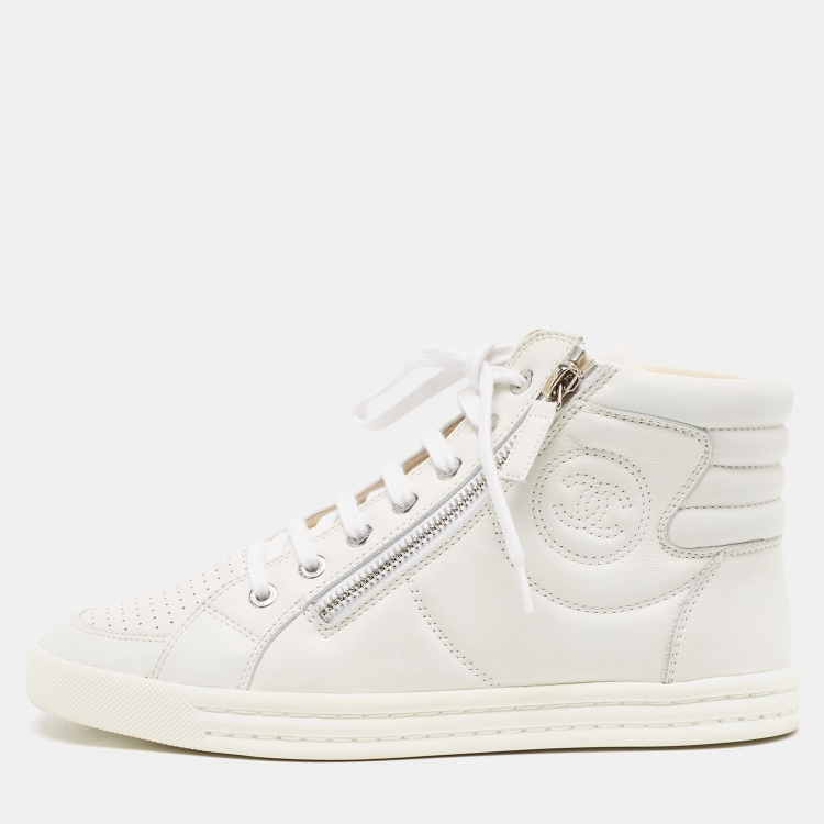 Pre Owned Chanel White Leather CC High Top Sneakers Size 37.5