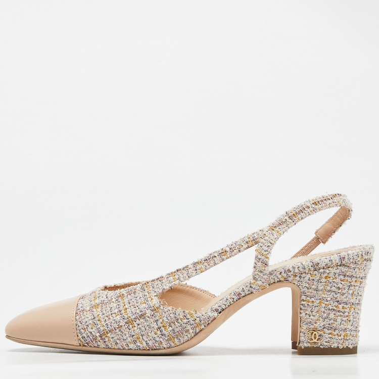 Chanel Beige Tweed and Leather CC Slingback Sandals Size