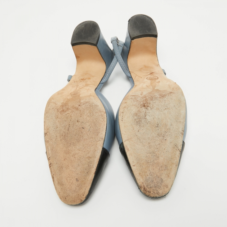 Pre Owned Chanel Blue/Black Leather CC D'orsay Slingback Pumps Size 40