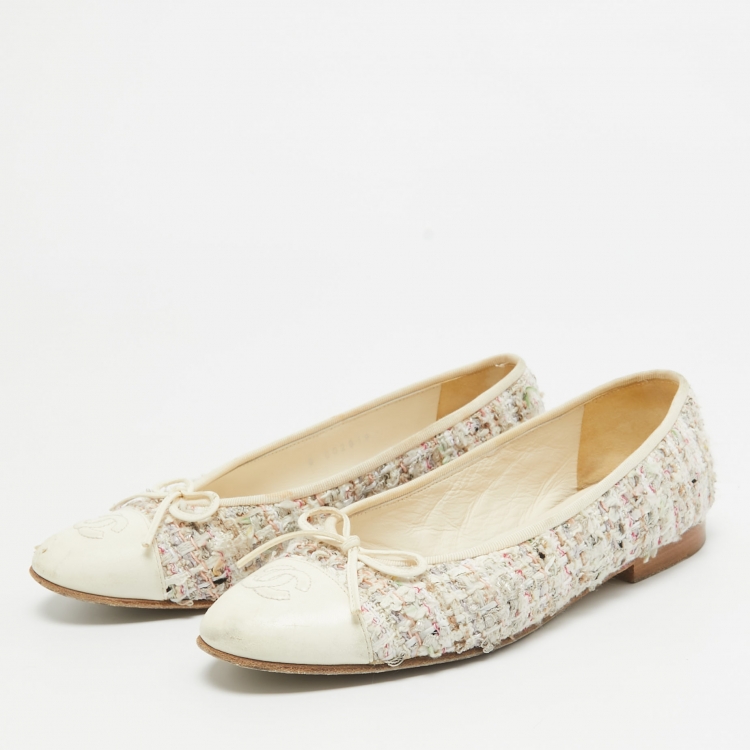 Chanel Off White Tweed and Leather CC Cap Toe Bow Ballet