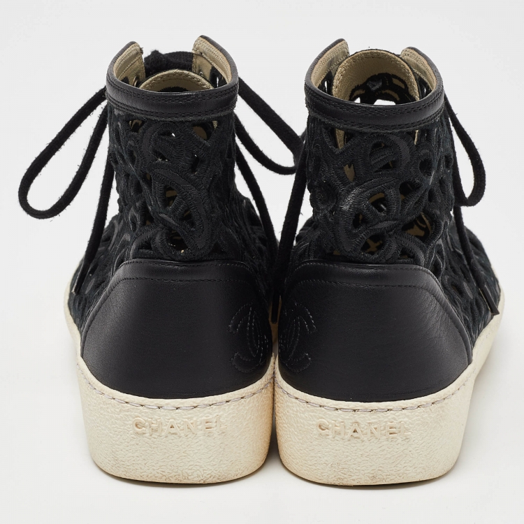 Pre Owned Chanel Black Leather and Lace Cut Out High Top Sneakers Size 37.5