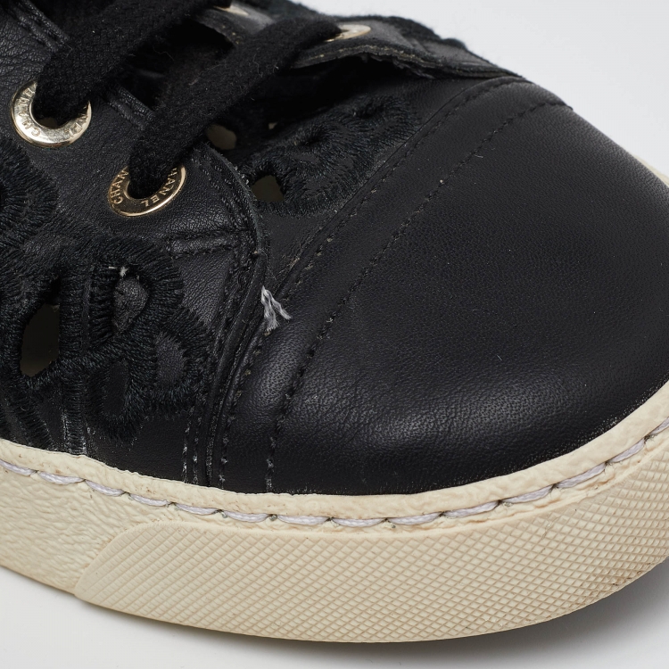 Pre Owned Chanel Black Leather and Lace Cut Out High Top Sneakers Size 37.5