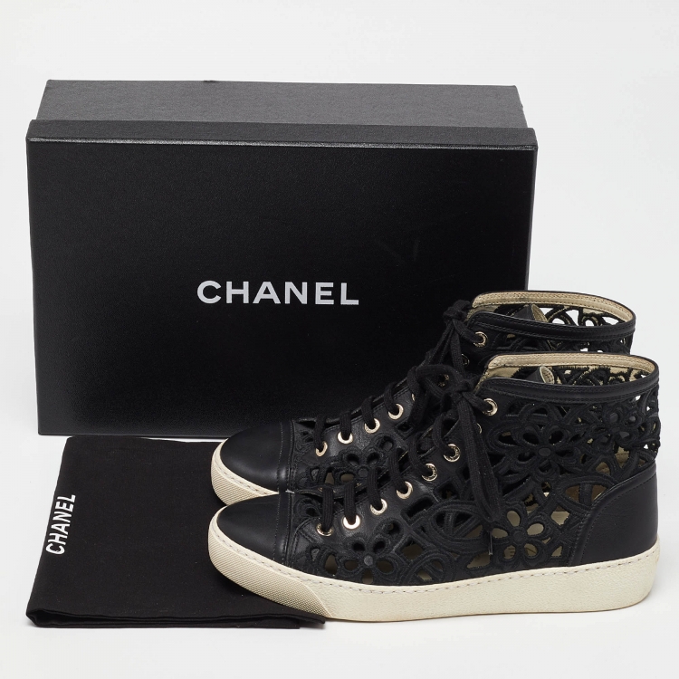 Pre Owned Chanel Black Leather and Lace Cut Out High Top Sneakers Size 37.5