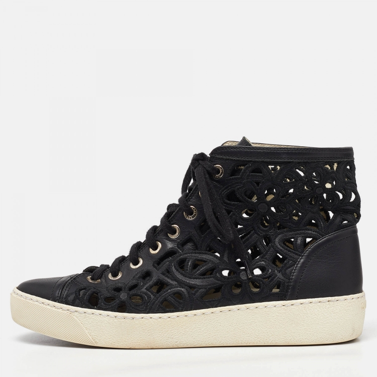 Pre Owned Chanel Black Leather and Lace Cut Out High Top Sneakers Size 37.5