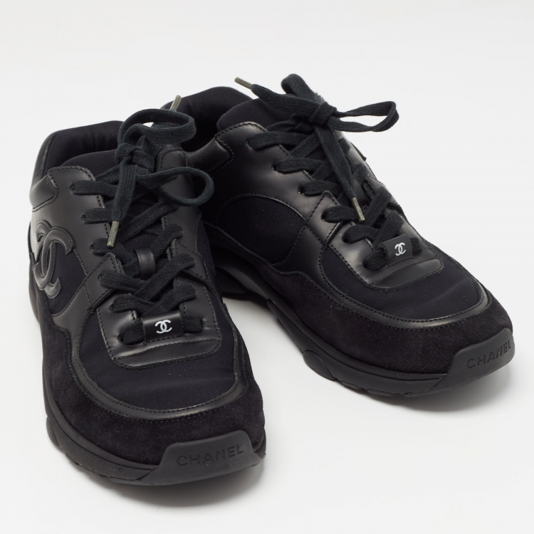 Pre Owned Chanel Black Suede, Nylon and Leather CC Low Top Sneakers Size 38