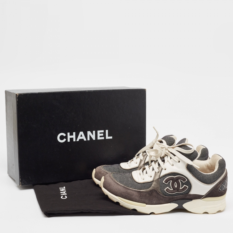 Pre Owned Chanel Grey/White Canvas and Suede CC Low Top Sneakers Size 36