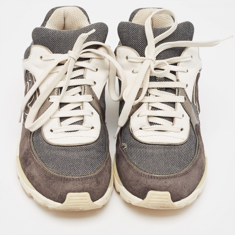 Pre Owned Chanel Grey/White Canvas and Suede CC Low Top Sneakers Size 36