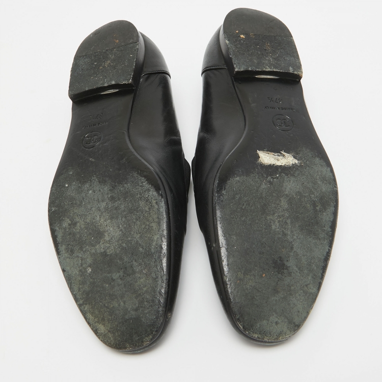 Pre Owned Chanel Black Leather CC Slip On Loafers Size 37.5