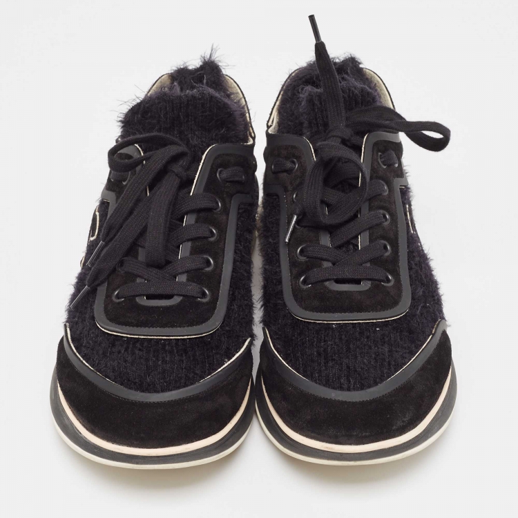 Pre Owned Chanel  Black Tweed and Suede CC Lace-Up Sneakers Size 41
