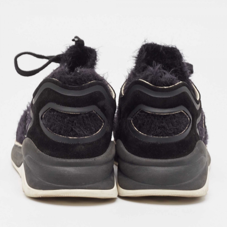 Pre Owned Chanel  Black Tweed and Suede CC Lace-Up Sneakers Size 41