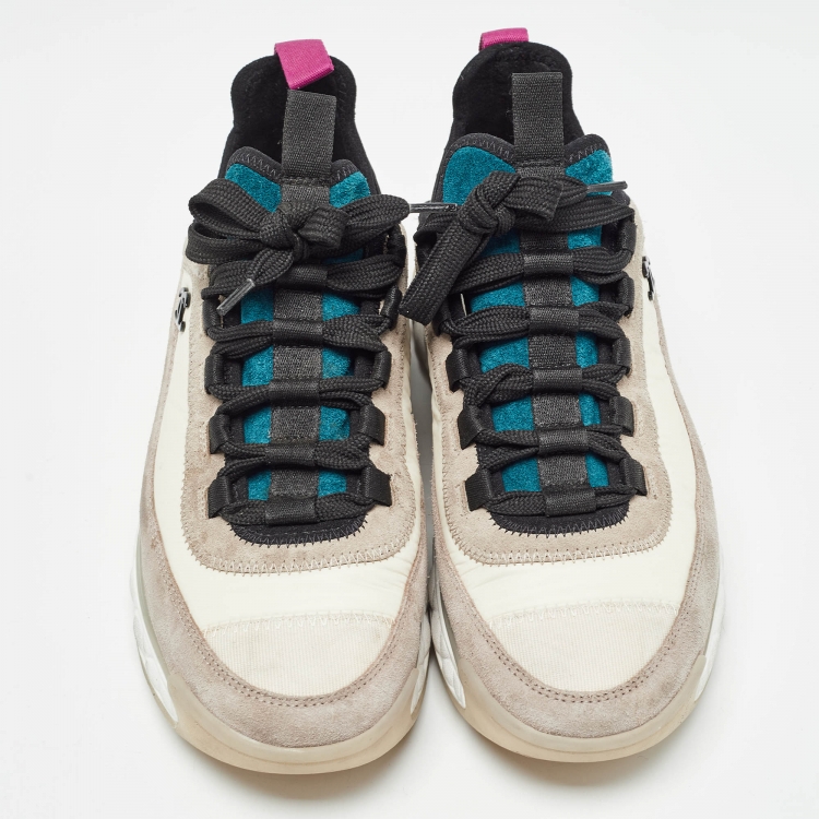 Pre Owned Chanel Grey/White Suede Logo Lace Up Sneakers Size 37
