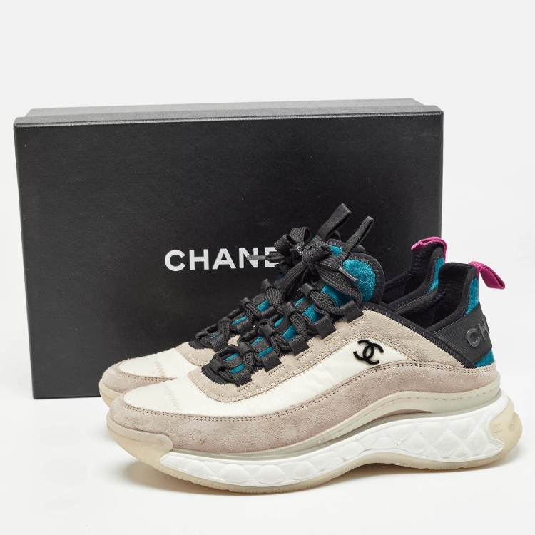 Pre Owned Chanel Grey/White Suede Logo Lace Up Sneakers Size 37