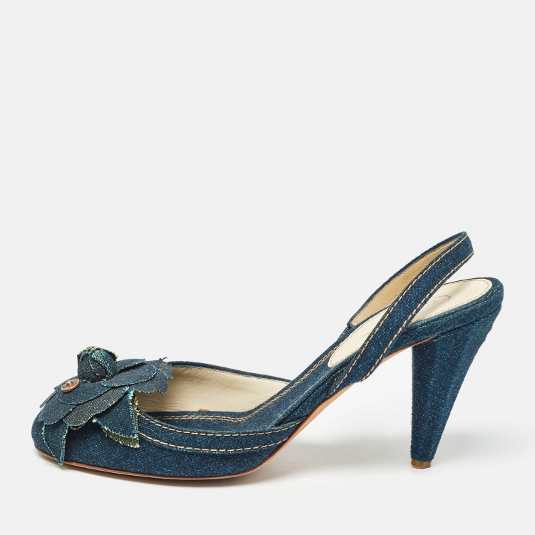 Pre Owned Chanel Navy Blue Denim Camelia CC Slingback Pumps Size 39