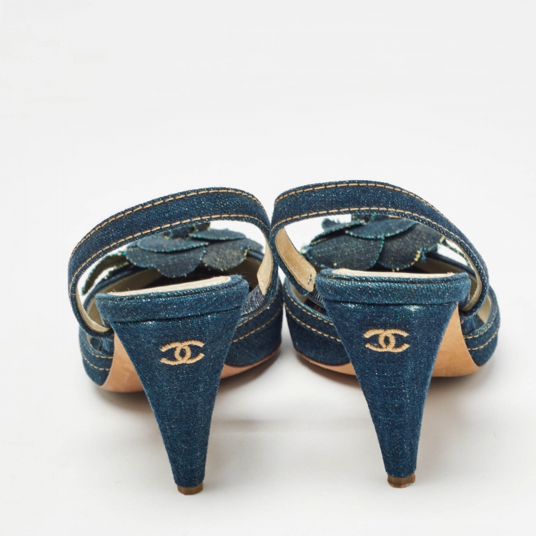 Pre Owned Chanel Navy Blue Denim Camelia CC Slingback Pumps Size 39