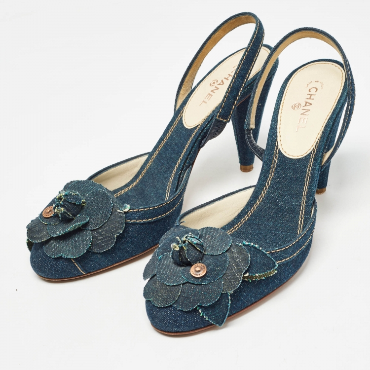 Pre Owned Chanel Navy Blue Denim Camelia CC Slingback Pumps Size 39