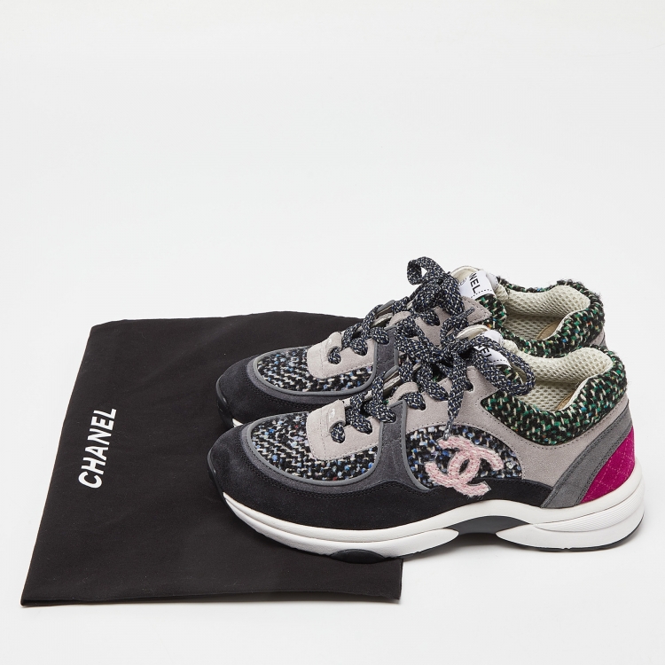 Pre Owned Chanel Multicolor Tweed and Suede CC Low Top Sneakers Size 36.5