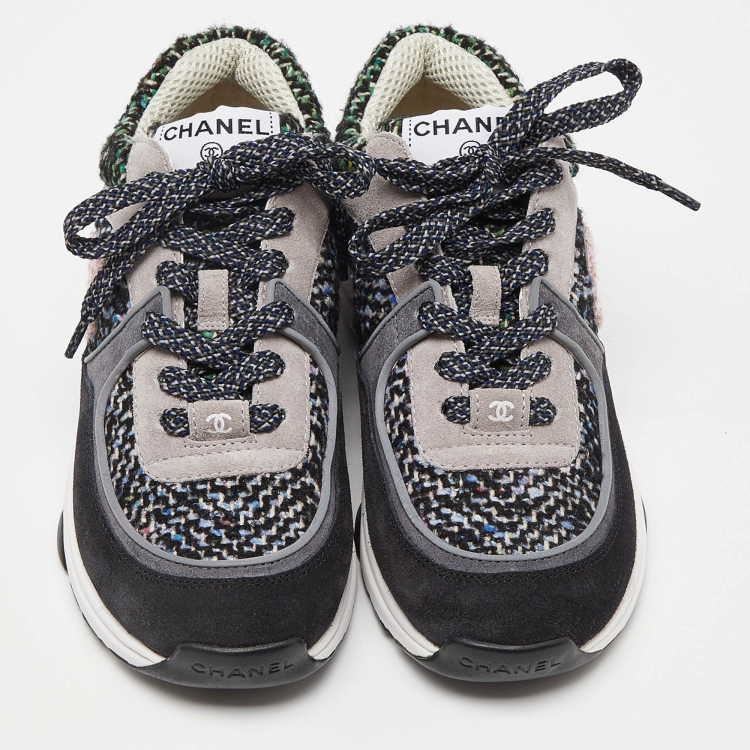 Pre Owned Chanel Multicolor Tweed and Suede CC Low Top Sneakers Size 36.5