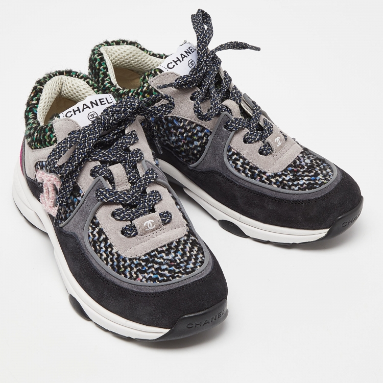 Pre Owned Chanel Multicolor Tweed and Suede CC Low Top Sneakers Size 36.5