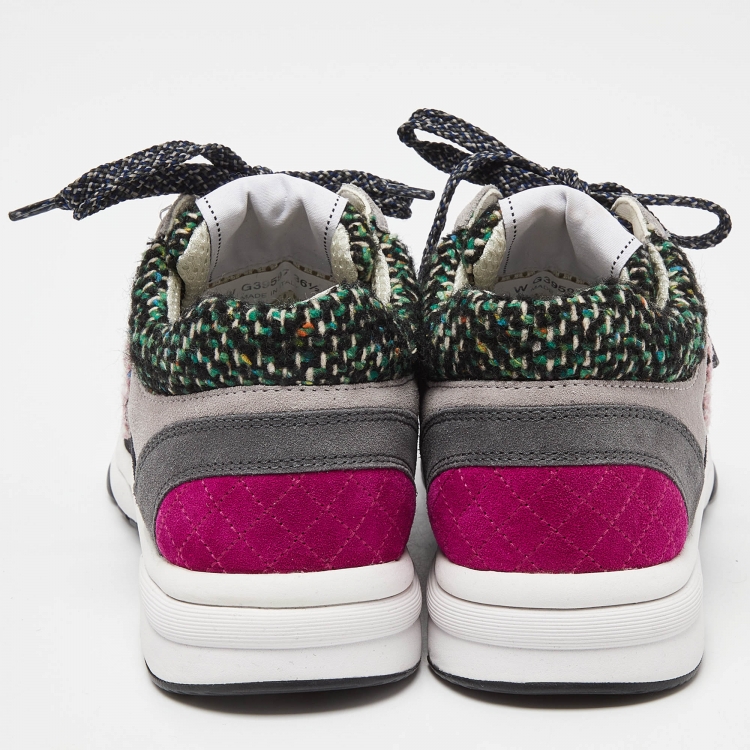 Pre Owned Chanel Multicolor Tweed and Suede CC Low Top Sneakers Size 36.5