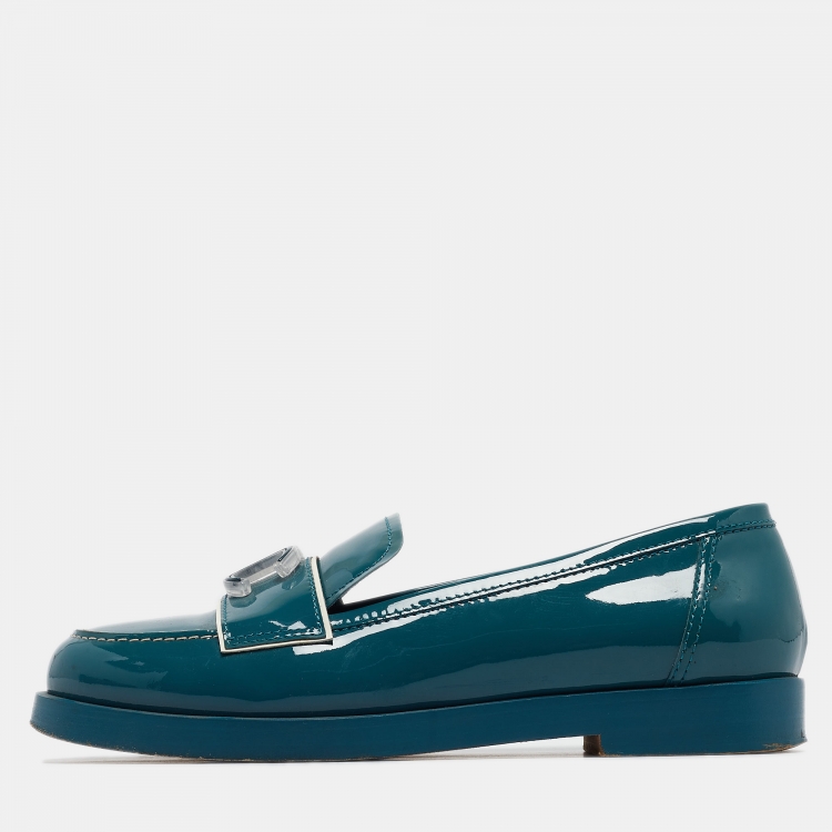Pre Owned Chanel Turquoise Patent Leather CC Slip On Loafers Size 37